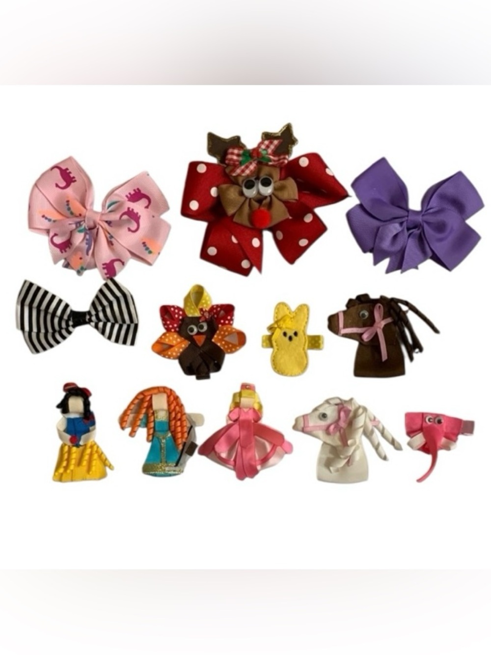 Handmade Hair Bow Barrettes Princess Horses Reindeer Bunny Dinosaur Turkey Etc